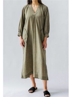 MIRTH Ivy Tulip 100% Cotton Green Palm Springs Maxi Caftan Dress Bohemian Sz M